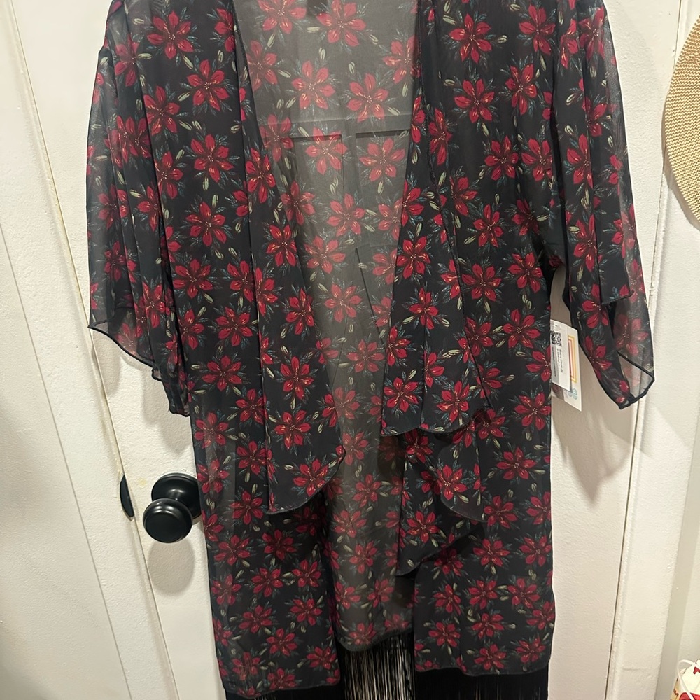 LulaRoe Floral Sheer Kimono Coverup Topper with Fringe Size Small BNWT
